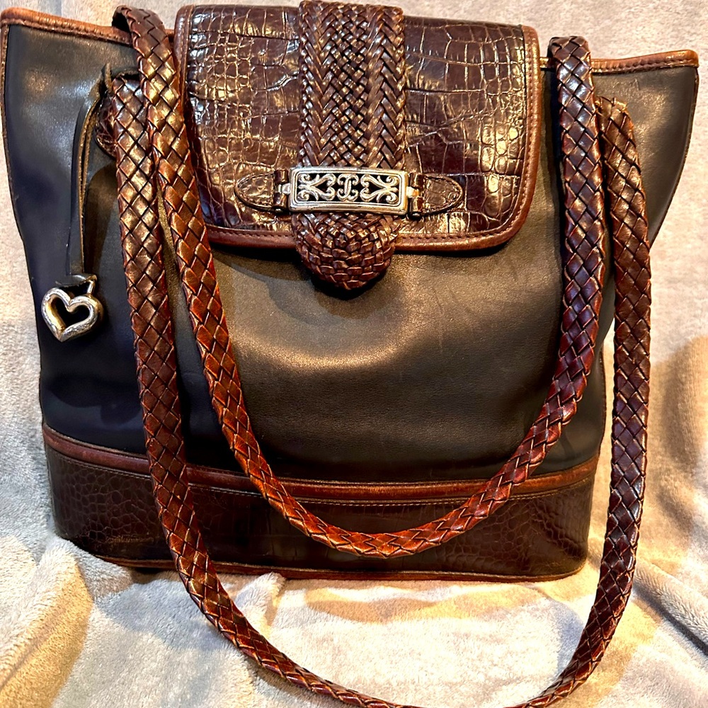 Brighton, large, black, leather and brown crock embossed tote style leather bag.